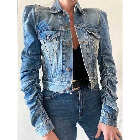 R13 Distressed Denim Jacket Structured Ruched Sleeve Jean Jacket | The Attico - Picture 1 of 13